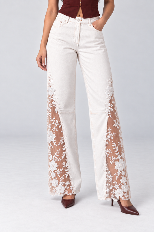 Rasmalai Lace-Panel Wide-Leg Jeans