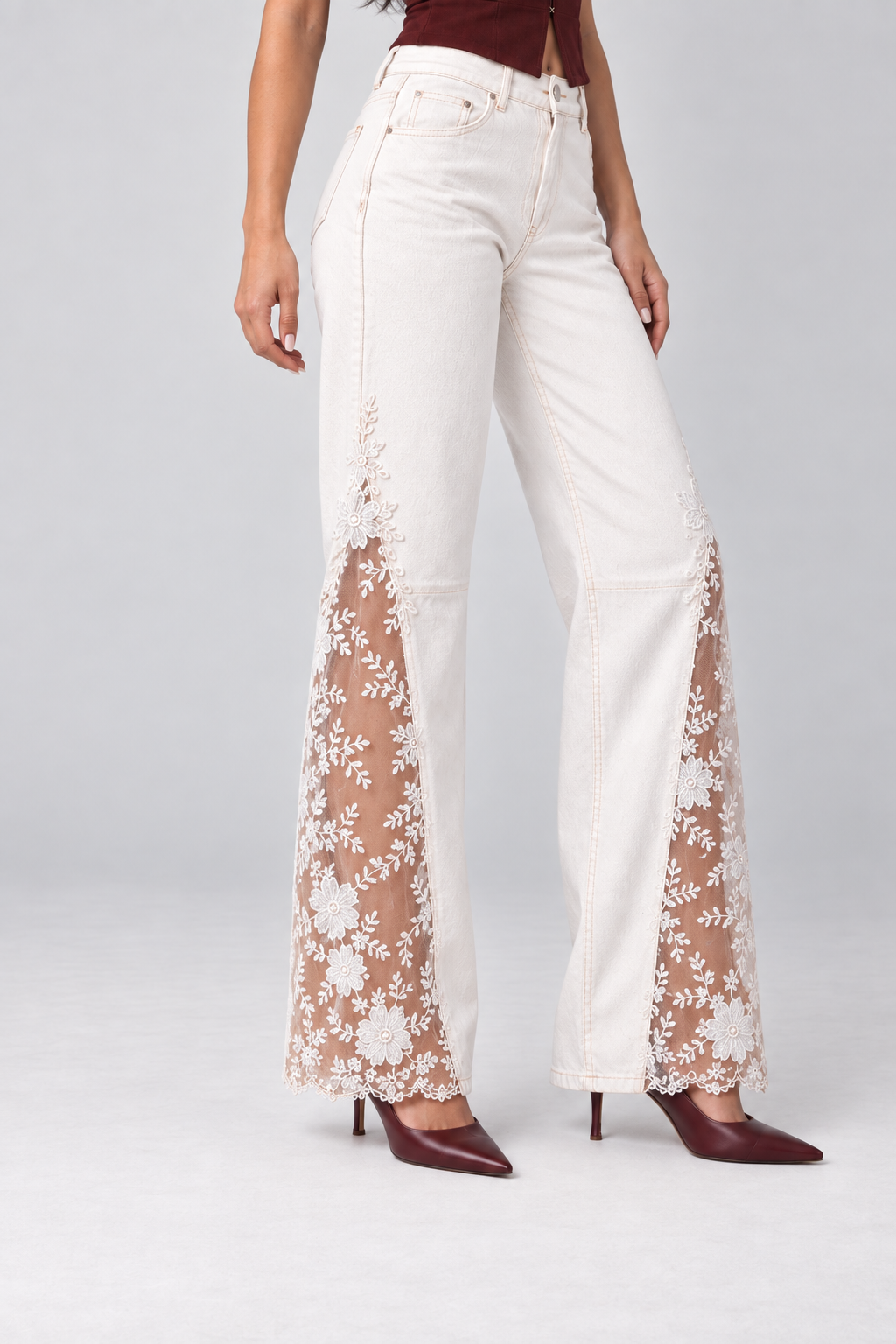 Rasmalai Lace-Panel Wide-Leg Jeans