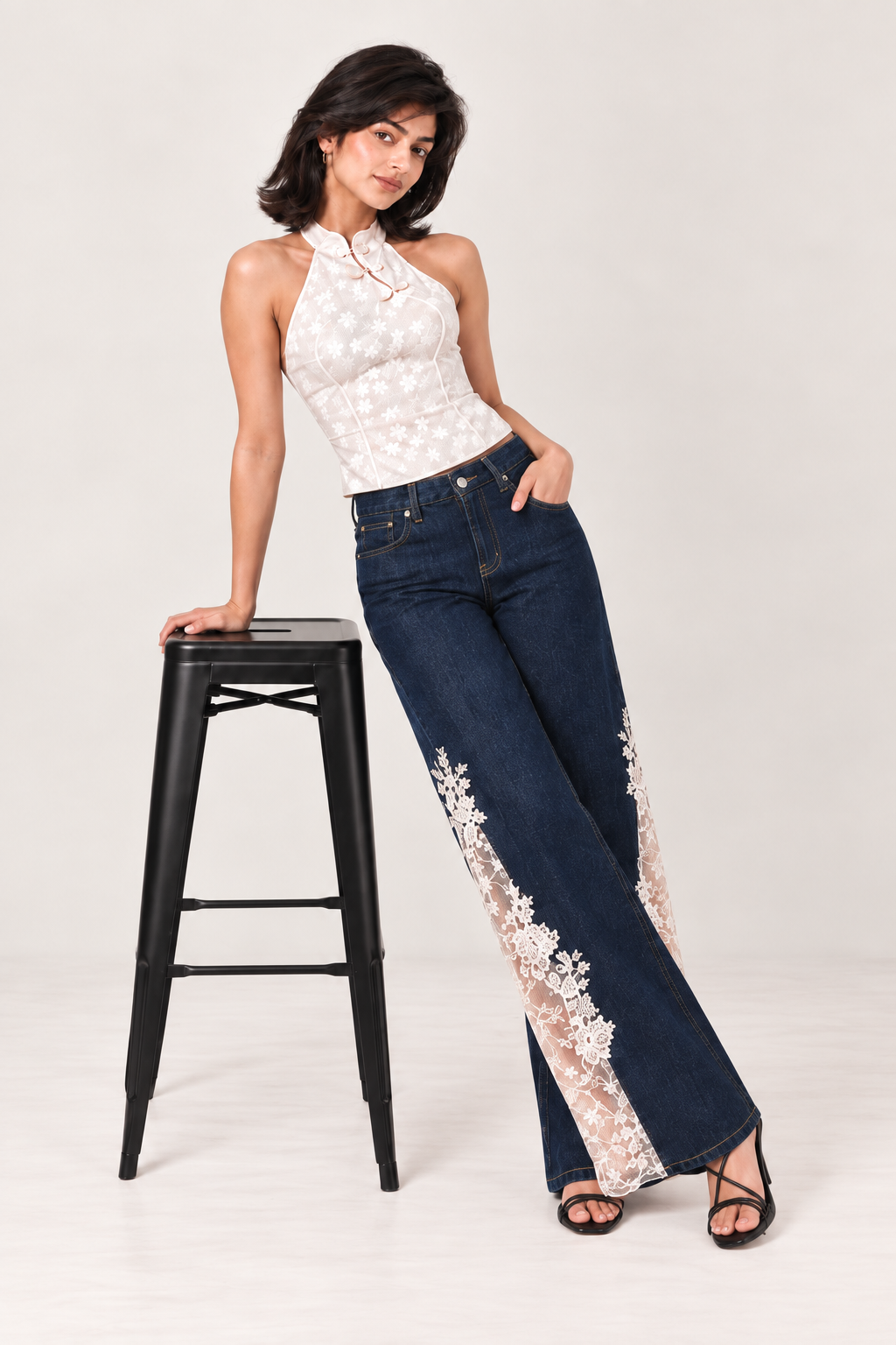 Barfi Lace-Panel Straight-Leg Jeans