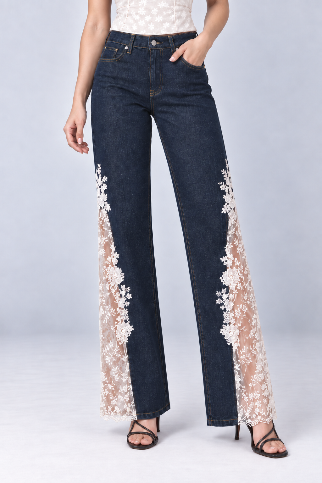 Barfi Lace-Panel Straight-Leg Jeans